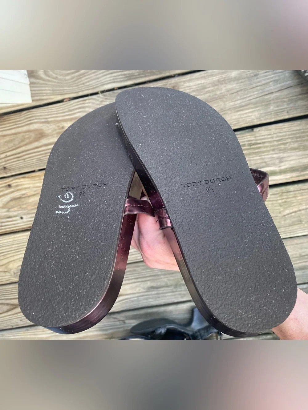 TORY BURCH- “Miller Cloud” Purple Metallic Mirror Logo Thong Sandals